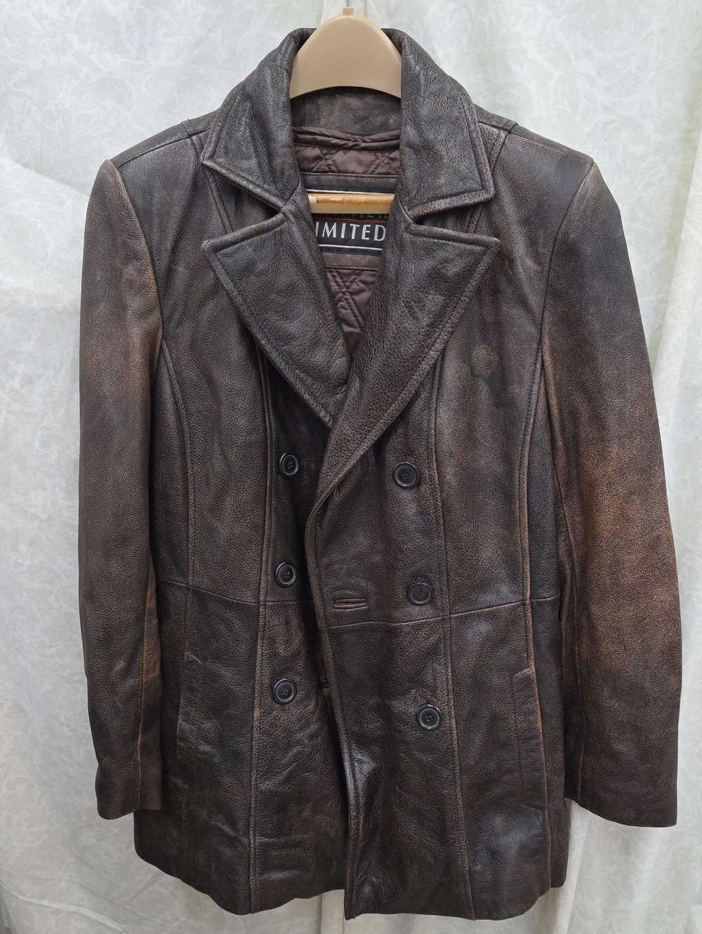 Leather Limited Men’s Double-Breasted Distressed Brown Leather Pea Coat